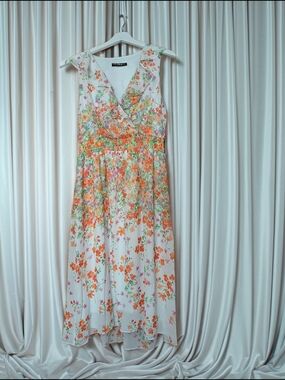 Maggy London White Midi Dress with Orange and Green Floral Print
